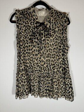 KATE SPADE leopard animal print metallic ruffle sleeveless blouse peplum tie L